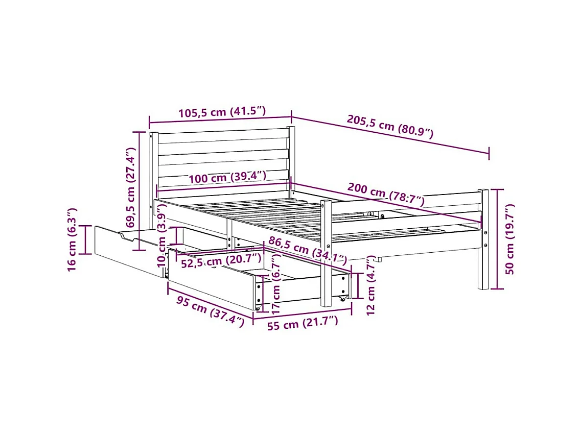 Letto per adulti | Letto singolo | Giroletto senza Materasso Bianco 100x200 cm Legno Massello Pino