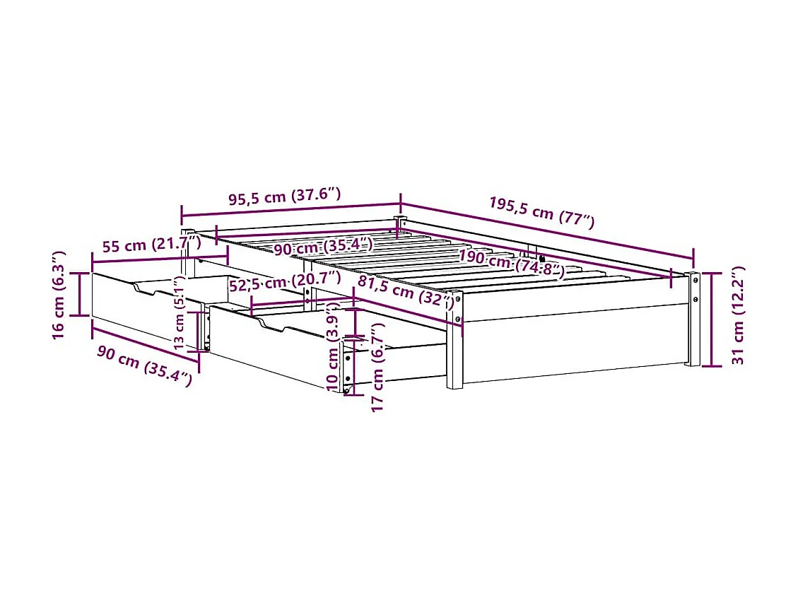 Lit simple | Lit adulte, enfant | Cadre de lit blanc 90x190 cm bois de pin massif