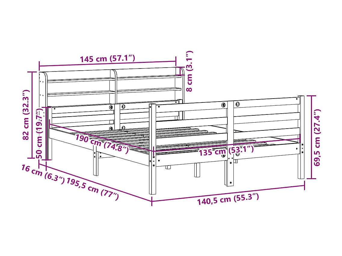 Letto per adulti | Letto matrimoniale | Giroletto con Testiera 135x190 cm in Legno Massello di Pino