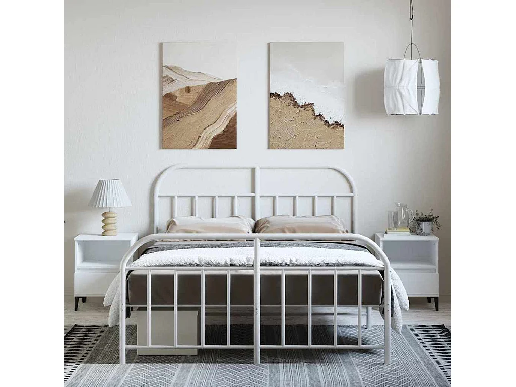 Lit double | Lit adulte | Cadre de lit métal et pied de lit blanc 135x190 cm