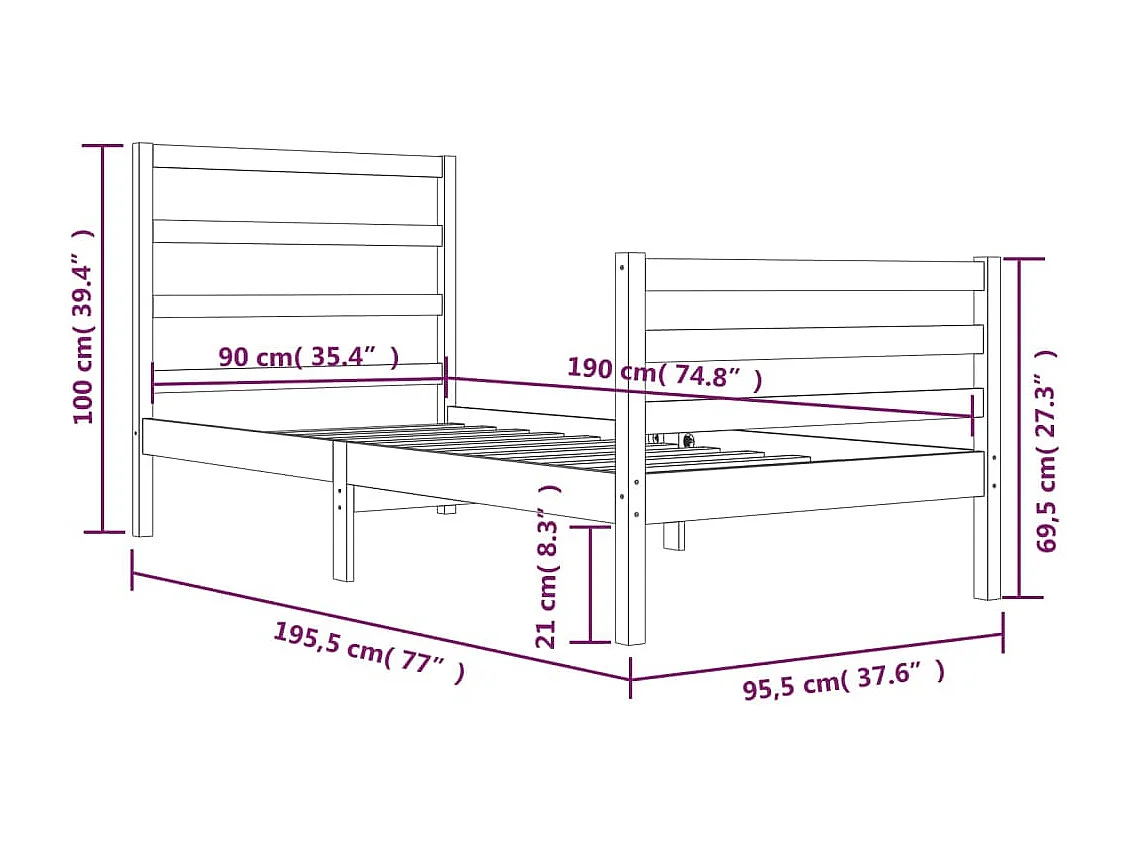 Lit simple | Lit adulte, enfant | Cadre de lit blanc bois de pin massif 90x190 cm