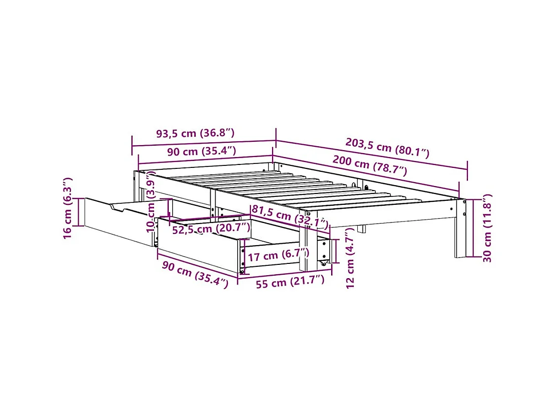 Letto per adulti | Letto singolo | Giroletto con Cassetti Bianco 90x200 cm Legno Massello di Pino
