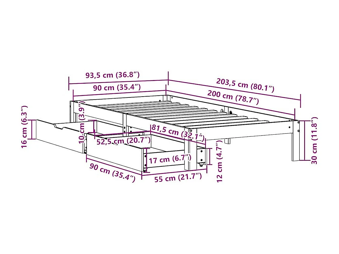 Lit simple | Lit adulte, enfant | Cadre de lit avec tiroirs blanc 90x200 cm