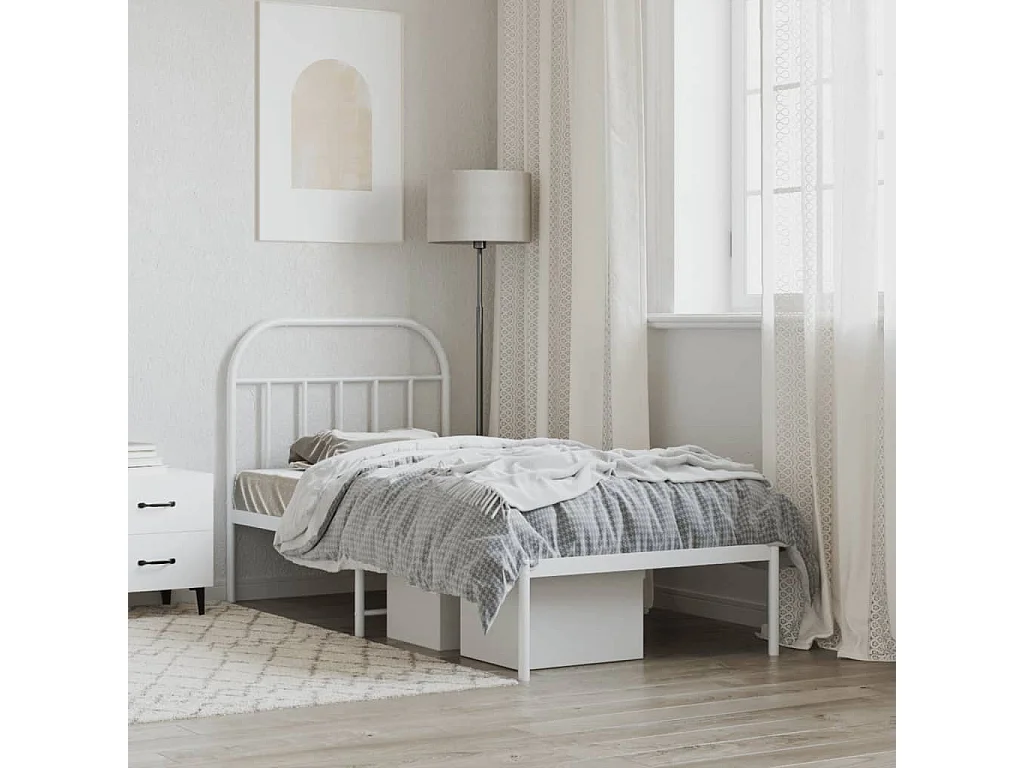 Lit simple | Lit adulte, enfant | Cadre de lit métal avec tête de lit blanc 90x190cm