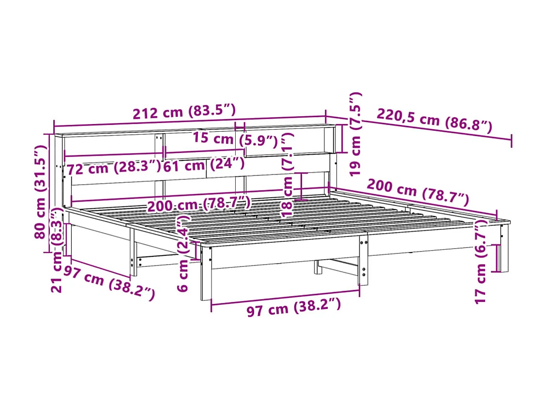 Lit double | Lit adulte | Cadre de lit cire marron 200x200cm bois pin massif