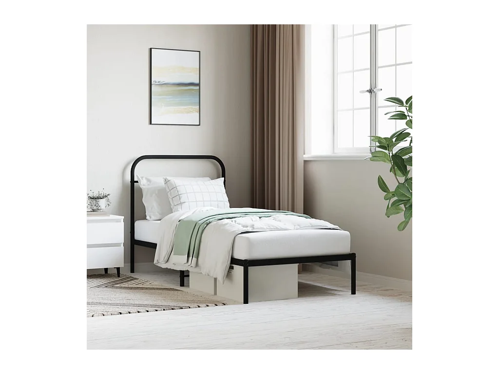 Lit simple | Lit adulte, enfant | Cadre de lit métal avec tête de lit noir 90x190 cm