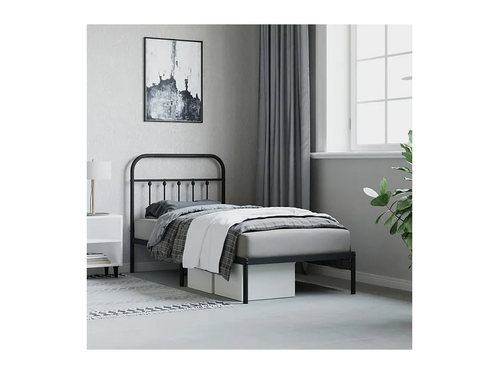 Lit simple | Lit adulte, enfant | Cadre de lit métal avec tête de lit noir 90x190 cm