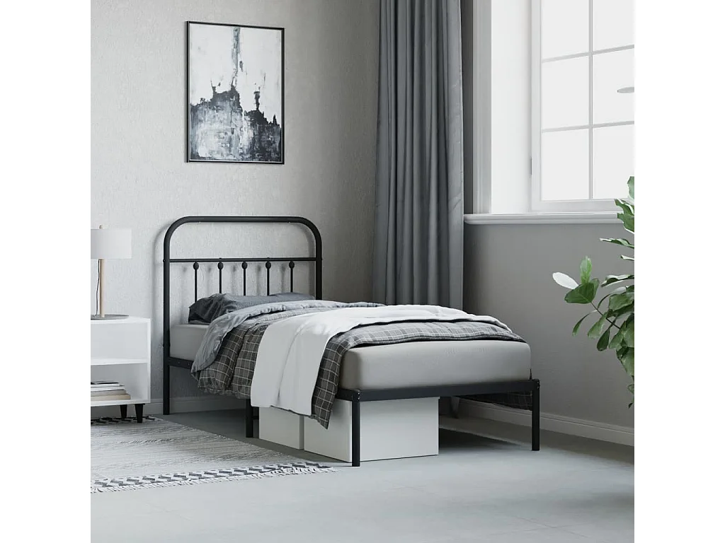 Lit simple | Lit adulte, enfant | Cadre de lit métal avec tête de lit noir 90x190 cm