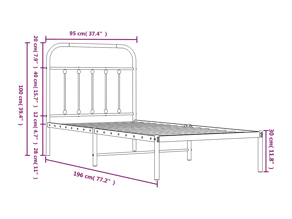Lit simple | Lit adulte, enfant | Cadre de lit métal avec tête de lit noir 90x190 cm