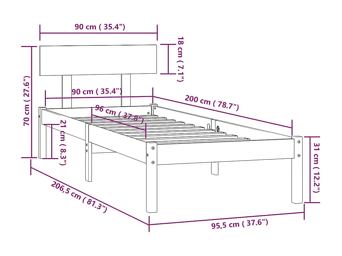 Lit simple | Lit adulte, enfant | Cadre de lit noir bois massif 90x200 cm