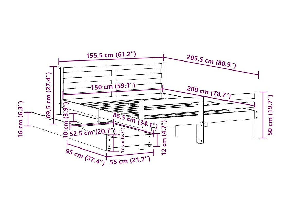 Lit double | Lit adulte | Cadre de lit blanc 150x200 cm bois de pin massif