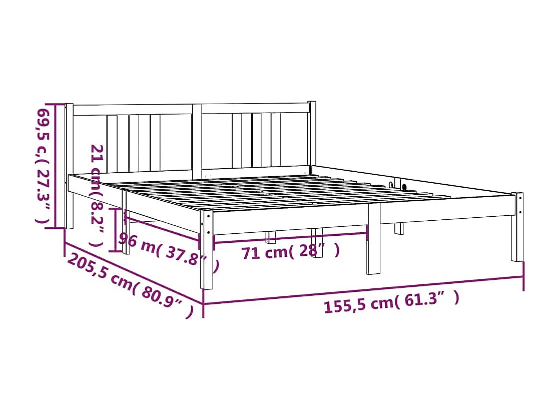 Lit double | Lit adulte | Cadre de lit gris bois massif 150x200 cm