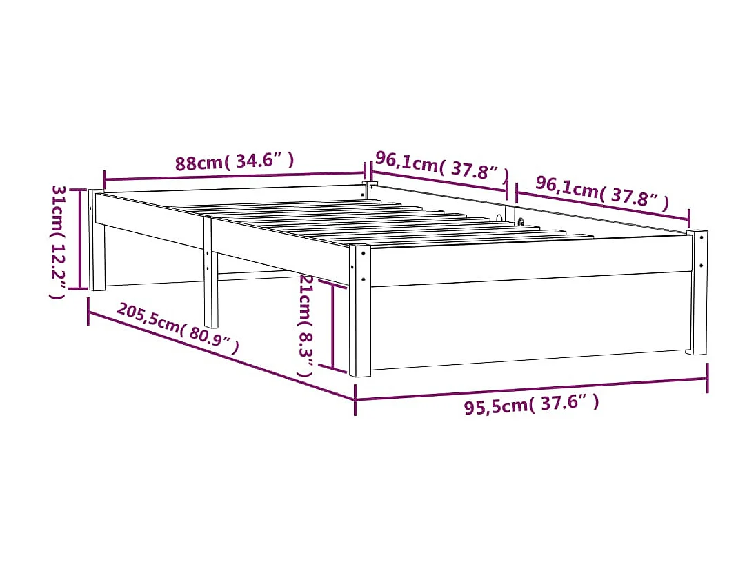 Lit simple | Lit adulte, enfant | Cadre de lit blanc bois massif 90x200 cm