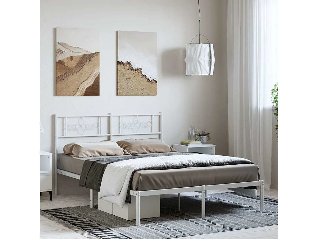 Lit double | Lit adulte | Cadre de lit métal et tête de lit blanc 150x200 cm