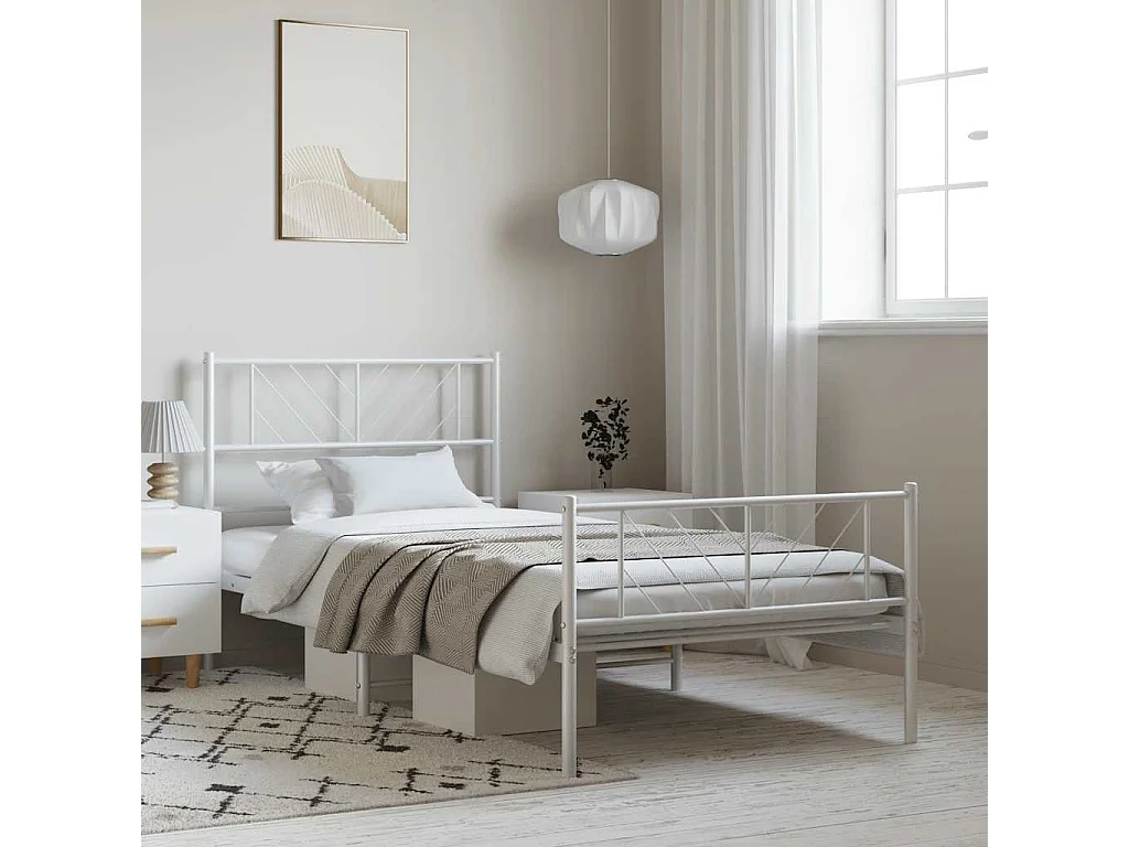 Lit simple | Lit adulte, enfant | Cadre de lit métal et pied de lit blanc 100x200 cm