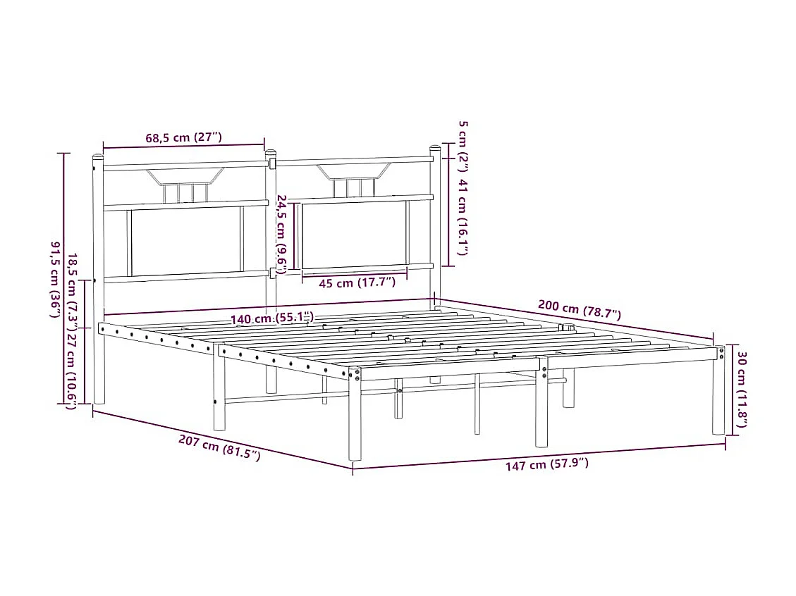 Letto per adulti | Letto matrimoniale | Giroletto senza Materasso Rovere Fumo 140x200 cm in Truciolato
