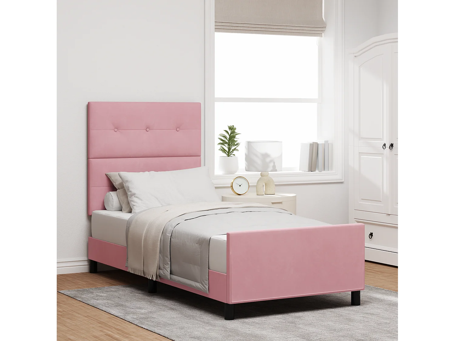 Lit simple | Lit adulte, enfant | Cadre de lit avec tête de lit Rose 90x200 cm Velours