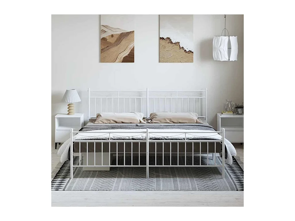 Lit double | Lit adulte | Cadre de lit métal et pied de lit blanc 183x213 cm