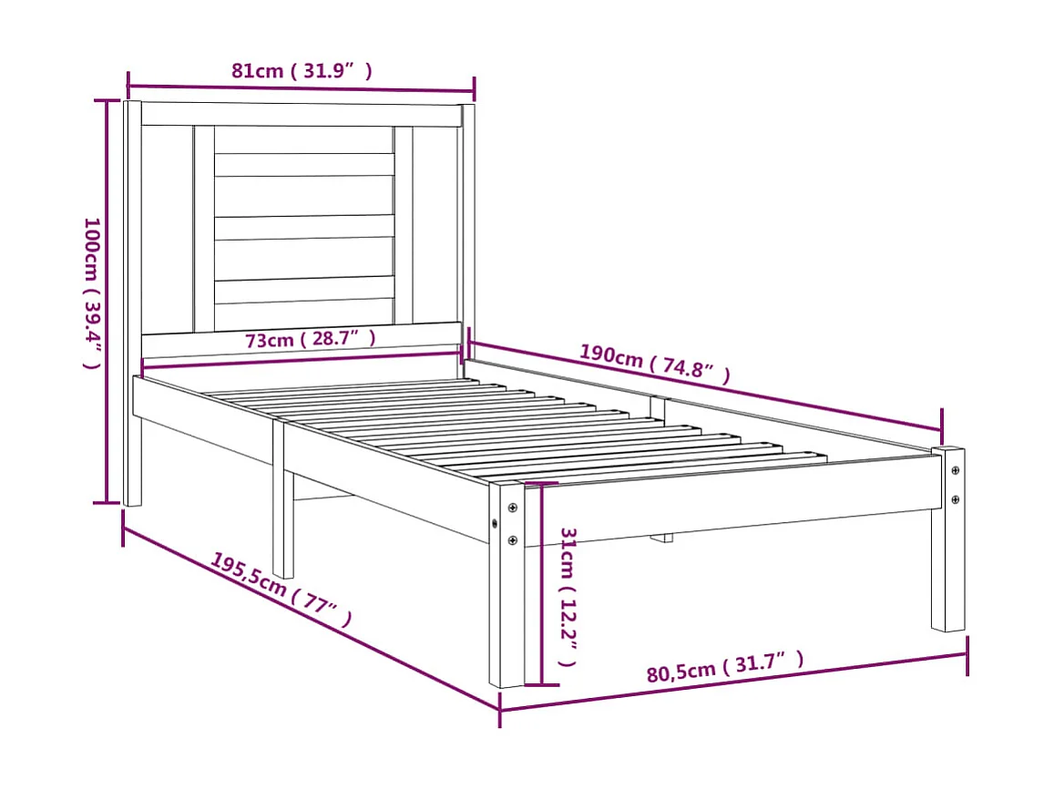 Lit simple | Lit adulte, enfant | Cadre de lit blanc 75x190 cm bois massif