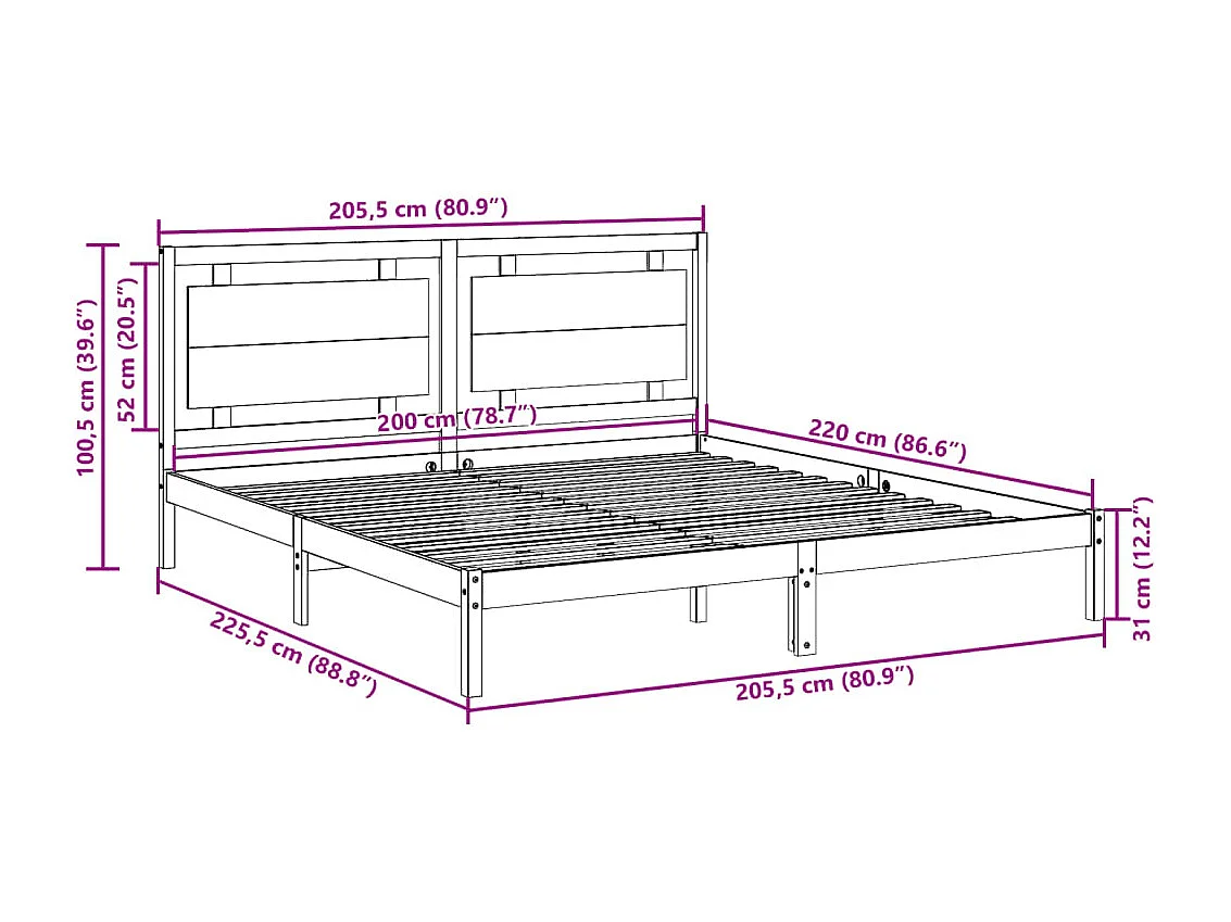 Lit double | Lit adulte | Cadre de lit extra long 200x220 cm bois massif
