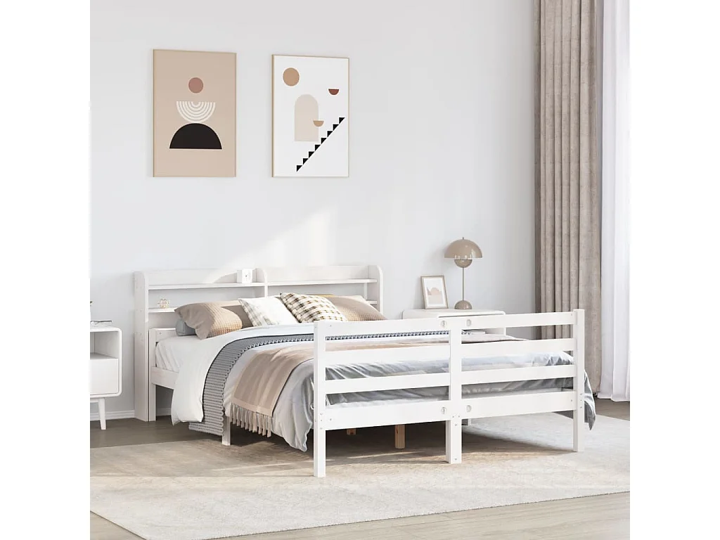 Letto per adulti | Letto matrimoniale | Giroletto con Testiera Bianco 135x190 cm Legno Massello di Pino