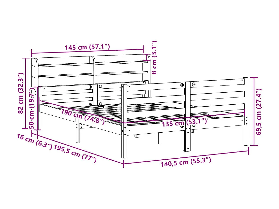 Letto per adulti | Letto matrimoniale | Giroletto con Testiera Bianco 135x190 cm Legno Massello di Pino