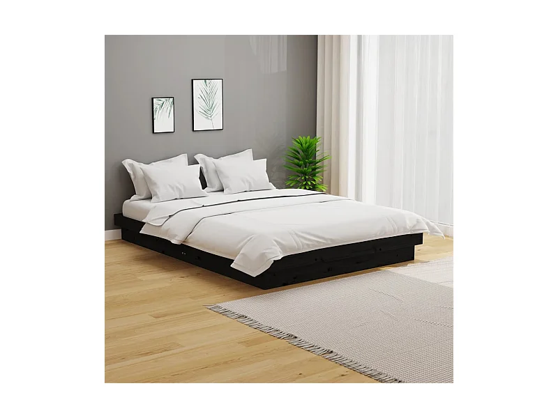 Lit double | Lit adulte | Cadre de lit noir bois massif 140x190 cm