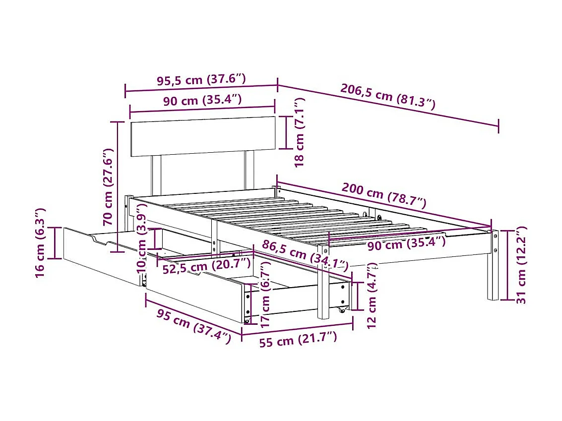 Lit simple | Lit adulte, enfant | Cadre de lit blanc 90x200 cm bois de pin massif
