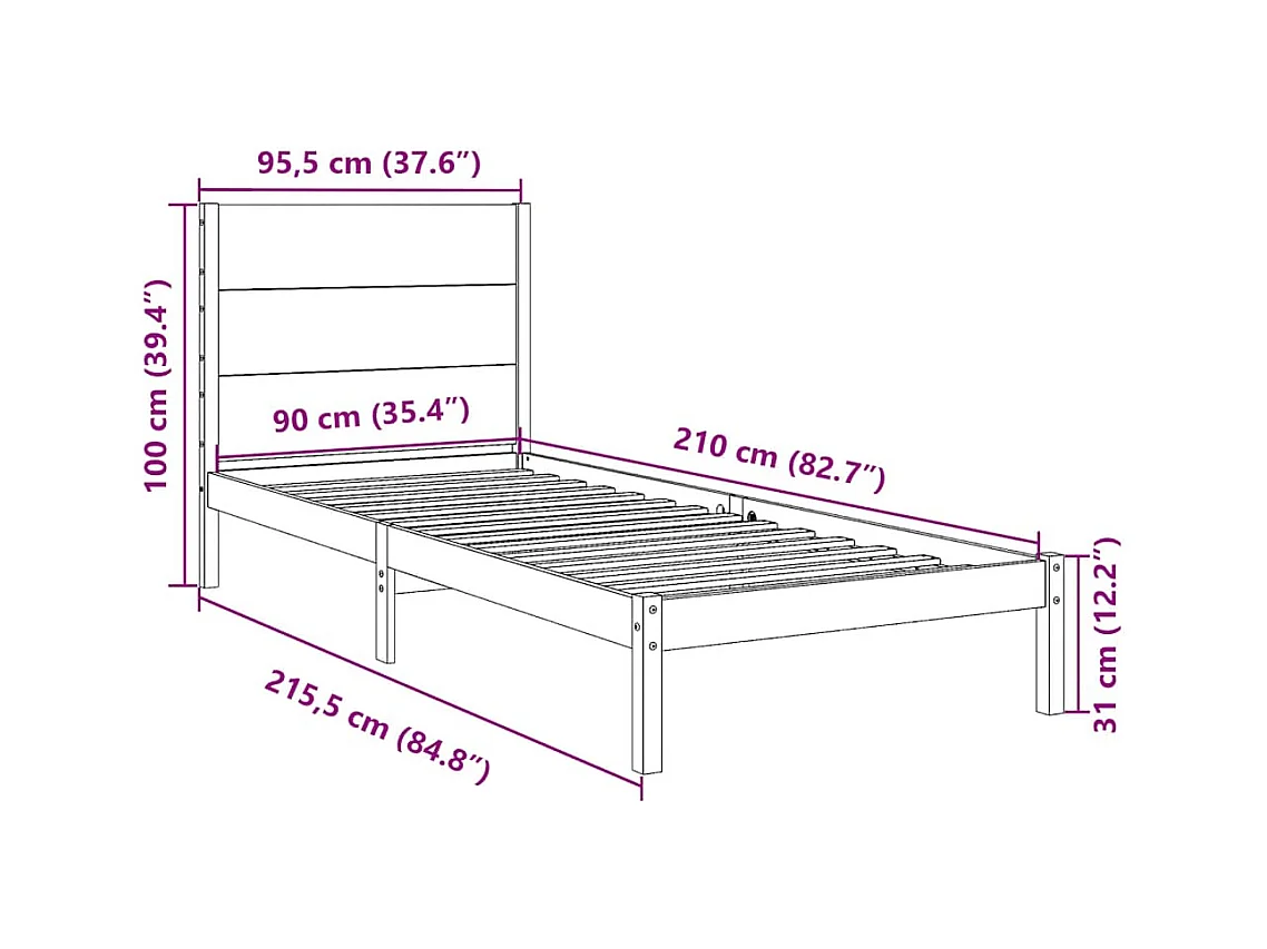 Letto per adulti | Letto singolo | Giroletto Extra Lungo senza Materasso 90x210 cm Legno Massello