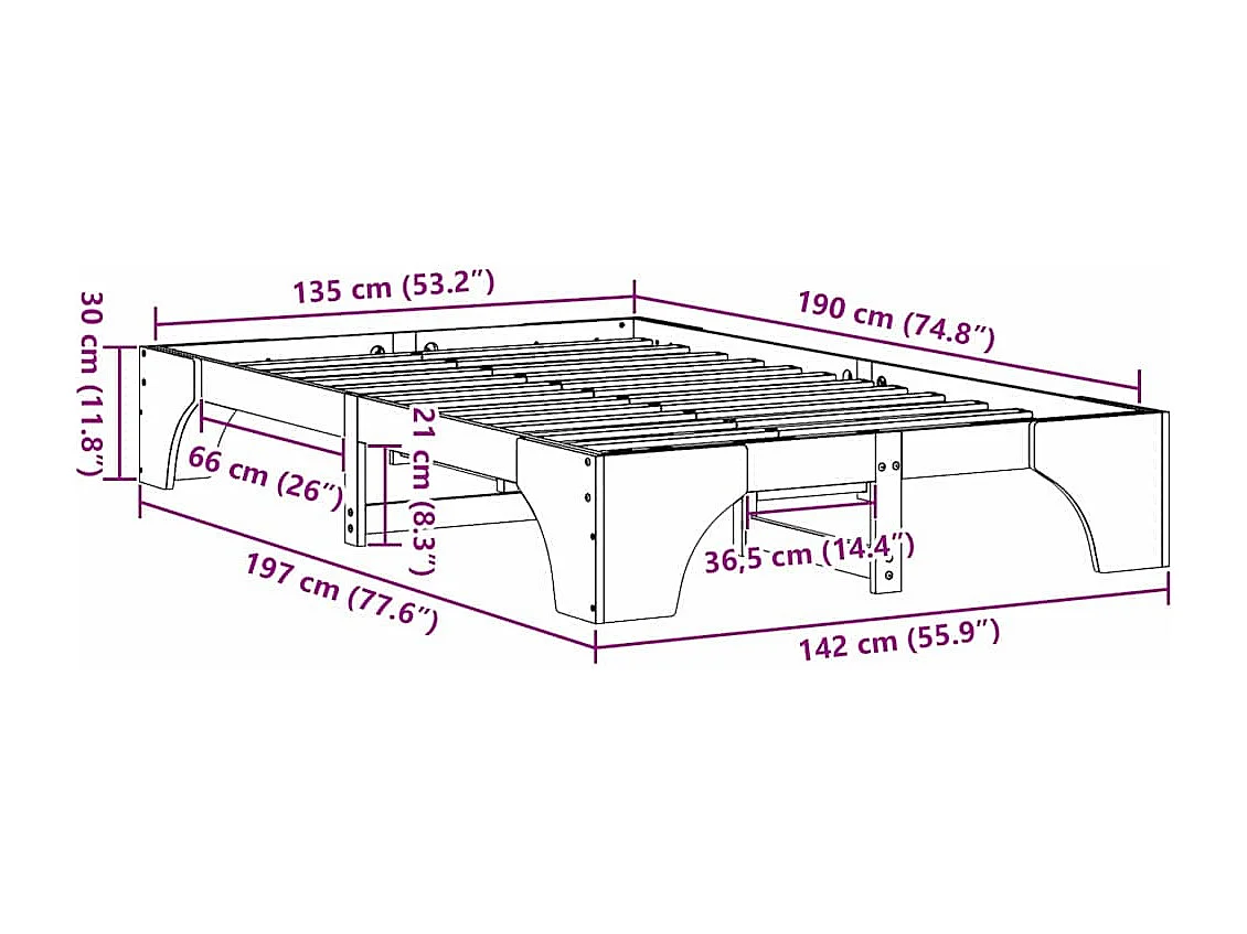 Lit double | Lit adulte | Cadre de lit en blanc 135x190 cm en bois de pin massif
