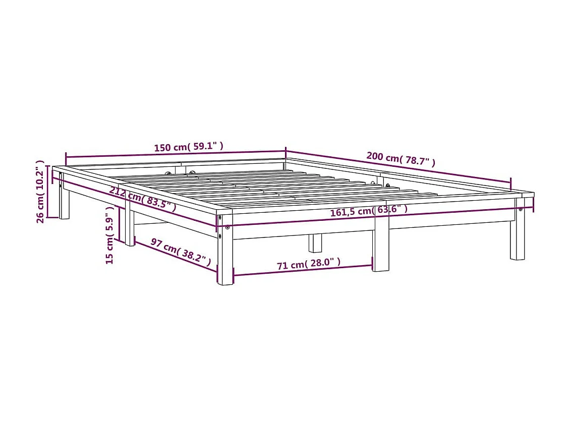 Lit double | Lit adulte | Cadre de lit noir bois de pin massif 150x200 cm