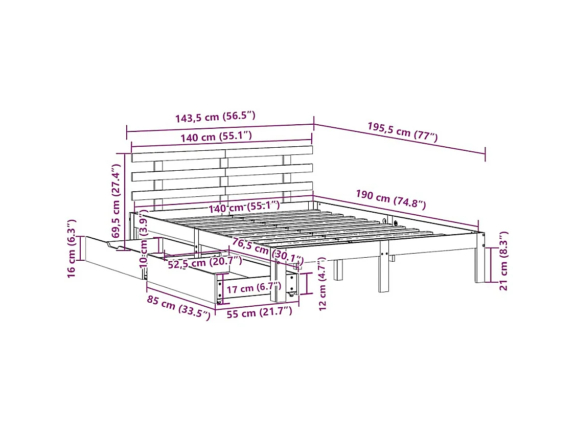 Letto per adulti | Letto matrimoniale | Giroletto con Cassetti 140x190 cm in Legno Massello di Pino