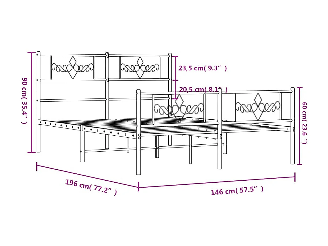 Lit double | Lit adulte | Cadre de lit métal avec pied de lit noir 140x190cm