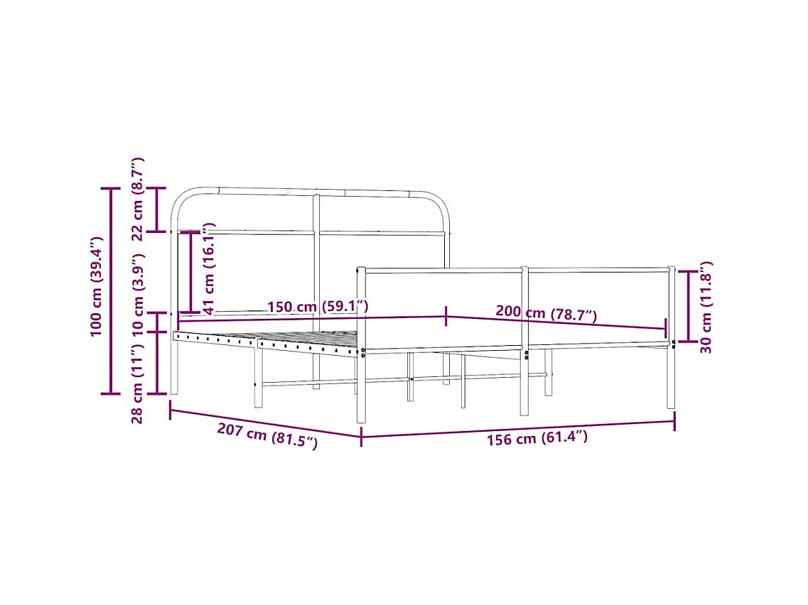Letto per adulti | Letto matrimoniale | Giroletto senza Materaso in Metallo Rovere Fumo 150x200 cm
