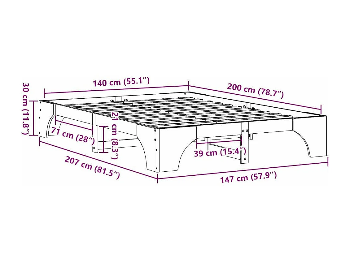 Lit double | Lit adulte | Cadre de lit blanc 140x200 cm en bois de pin massif