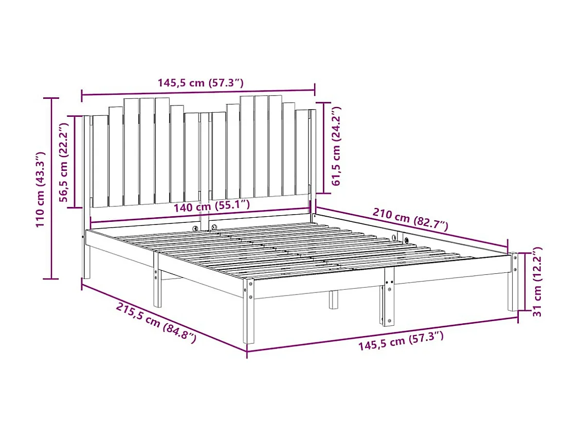 Letto per adulti | Letto matrimoniale | Giroletto Extra Lungo senza Materasso 140x210 cm Legno Massello