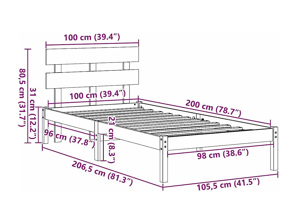 Lit simple | Lit adulte, enfant | Cadre de lit Blanc 100x200 cm Bois de pin massif