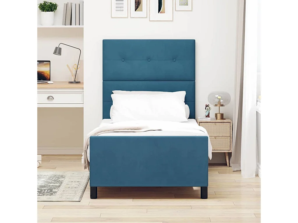 Lit simple | Lit adulte, enfant | Cadre de lit avec tête de lit Bleu foncé 90x190 cm Velours