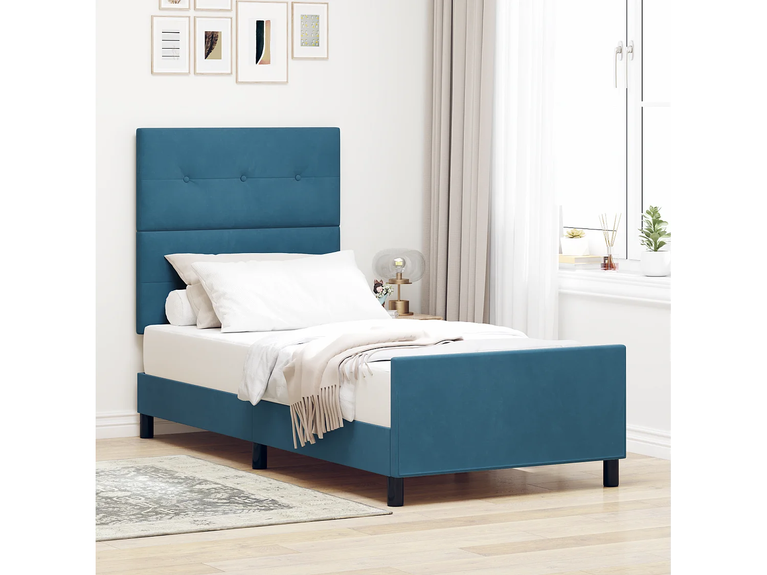 Lit simple | Lit adulte, enfant | Cadre de lit avec tête de lit Bleu foncé 90x190 cm Velours