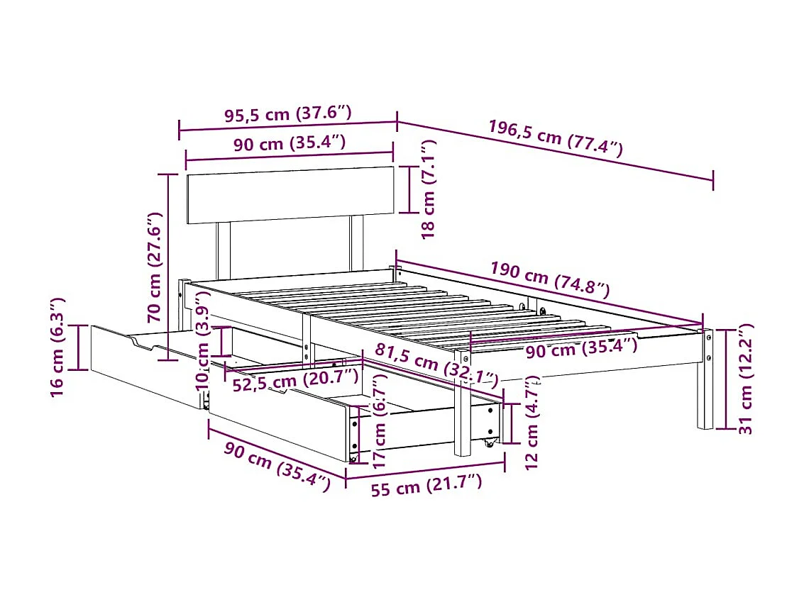 Lit simple | Lit adulte, enfant | Cadre de lit blanc 90x190 cm bois de pin massif