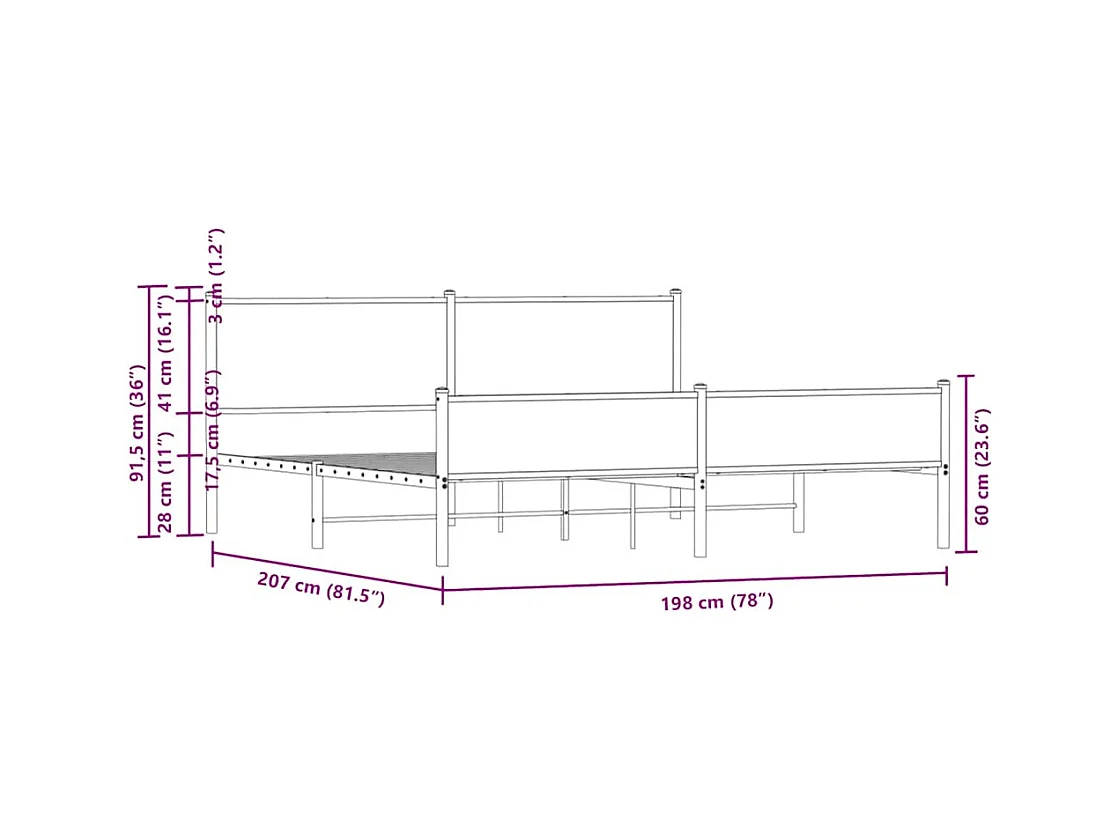 Letto per adulti | Letto matrimoniale | Giroletto senza Materaso in Metallo Rovere Sonoma 193x203 cm