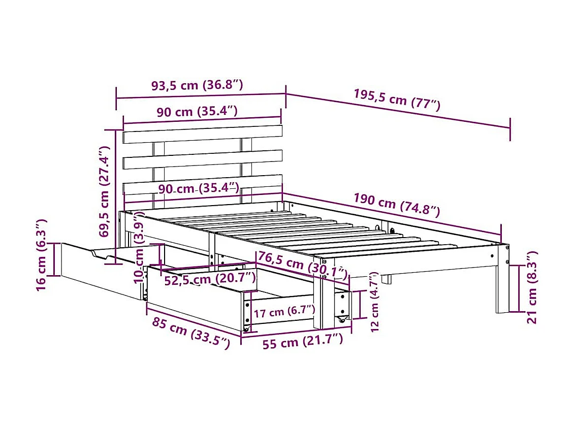 Letto per adulti | Letto singolo | Giroletto con Cassetti 90x190 cm in Legno Massello di Pino