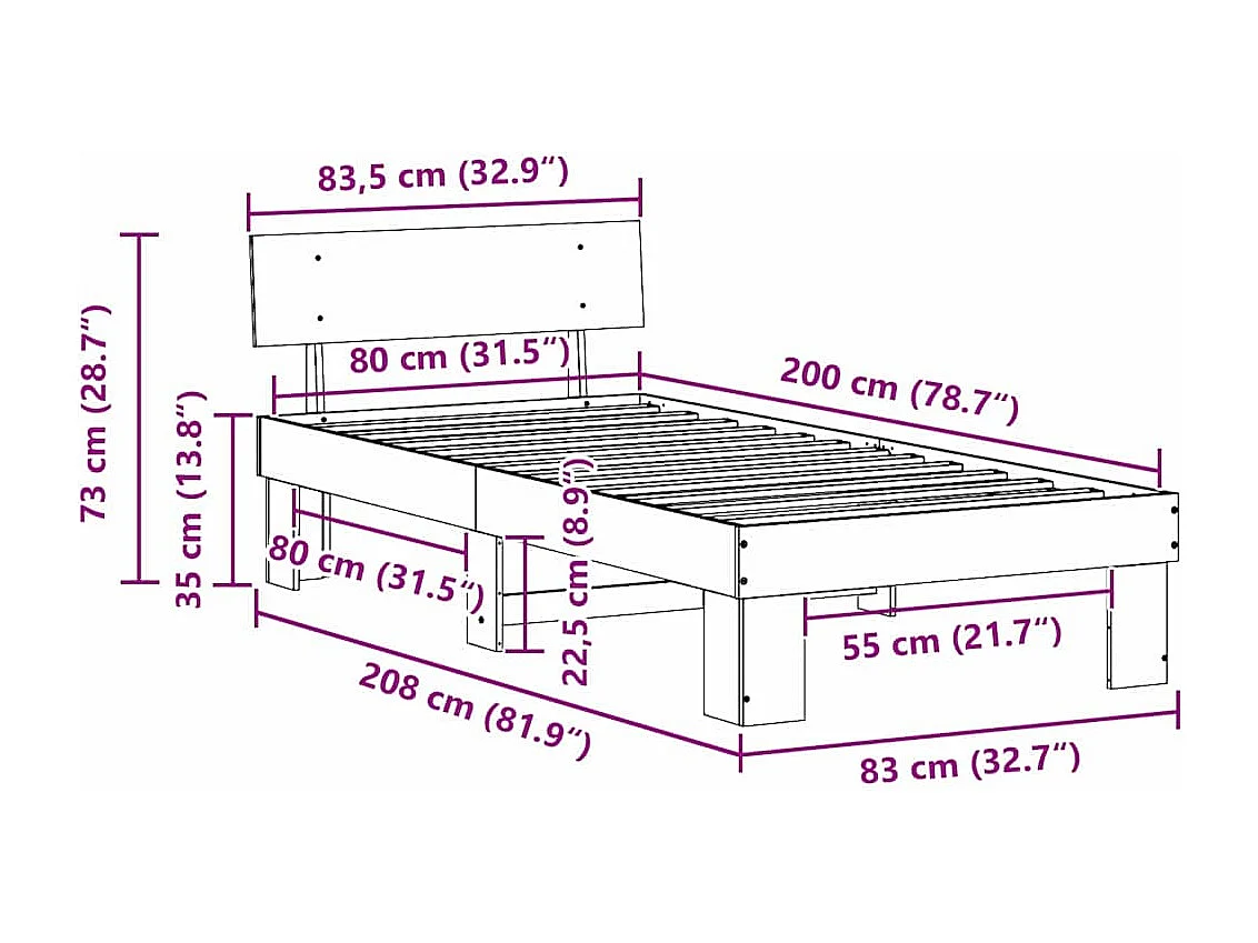 Lit simple | Lit adulte, enfant | Cadre de lit Marron 80x200 cm Bois massif en pin