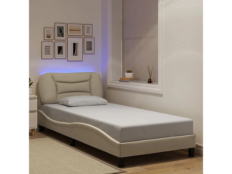 Lit simple | Lit adulte, enfant | Cadre de lit avec lumières LED crème 90x190 cm tissu