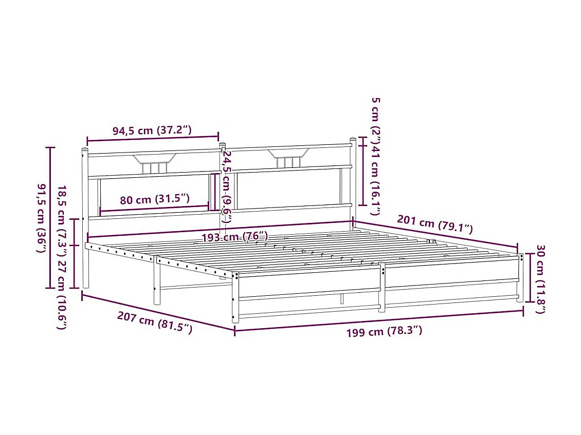 Lit double | Lit adulte | Cadre de lit en métal chêne fumé 193x203 cm