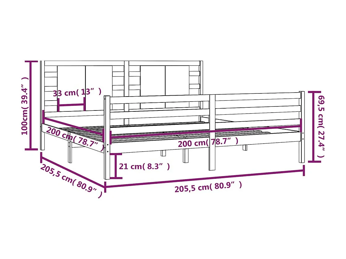 Lit double | Lit adulte | Cadre de lit blanc 200x200 cm bois massif de pin