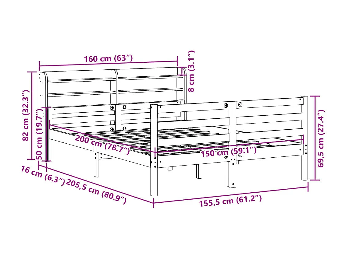 Letto per adulti | Letto matrimoniale | Giroletto con Testiera Bianco 150x200 cm Legno Massello di Pino