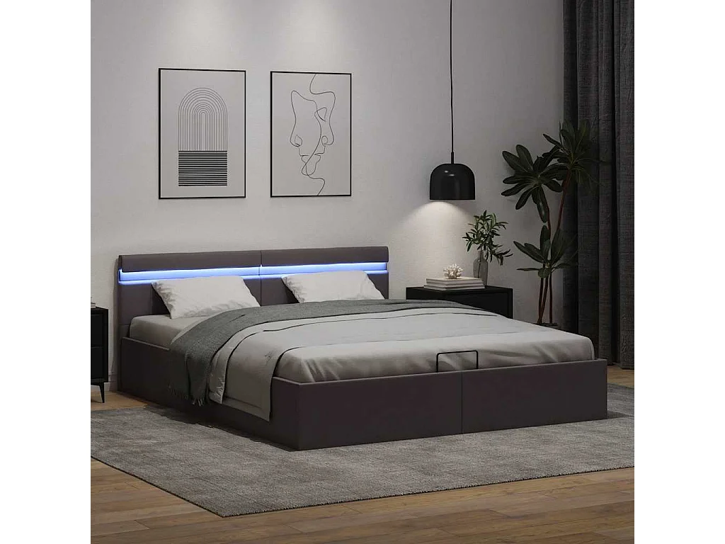 Lit double | Lit adulte | Cadre de lit à rangement avec LED gris similicuir 160x200 cm