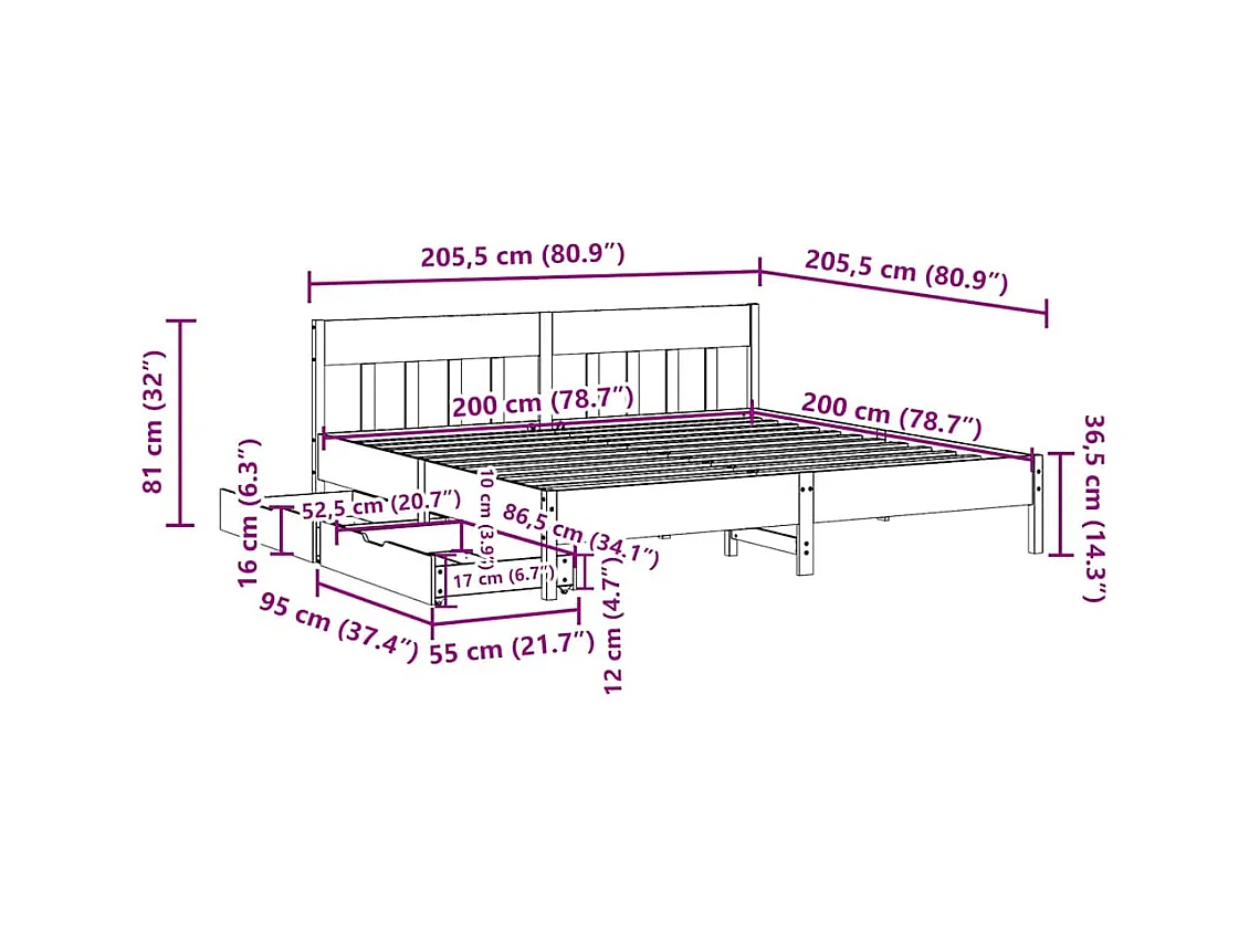 Letto per adulti | Letto matrimoniale | Giroletto senza Materasso Bianco 200x200 cm Legno Massello Pino