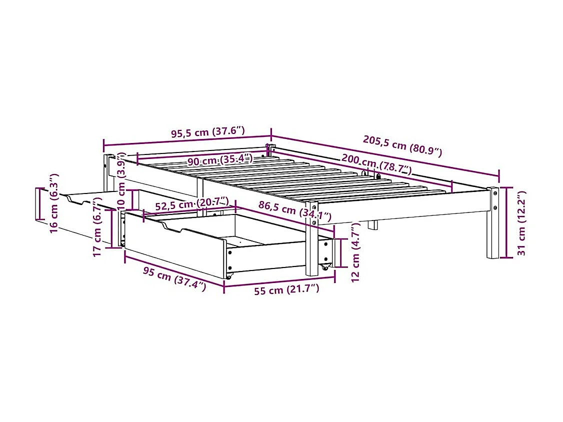 Bedframe | Eenpersoonsbed zonder matras massief grenenhout wit 90x200 cm